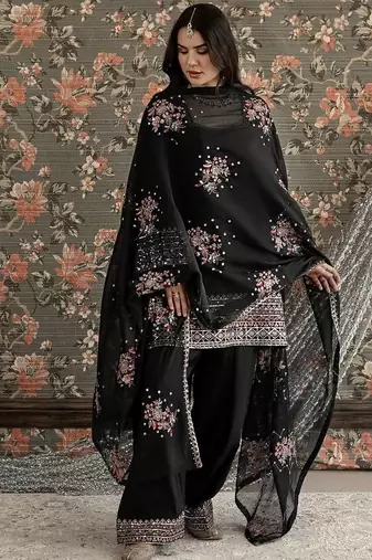 Designer heavy natural crepe farshi plazo suit set with embroidered dupatta
