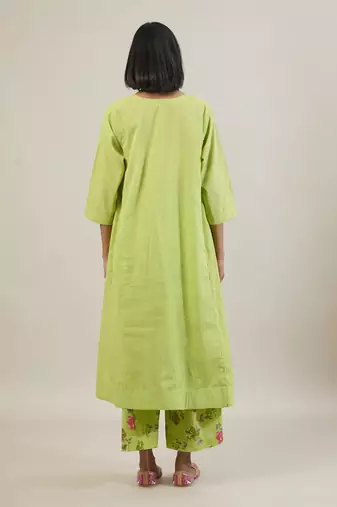 Lime green cotton kurta set with printed pant