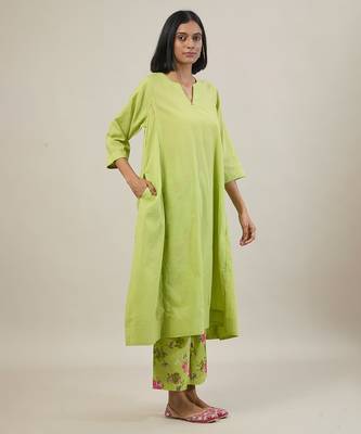 Lime green cotton kurta set with printed pant 3