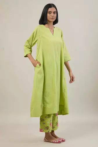 Lime green cotton kurta set with printed pant