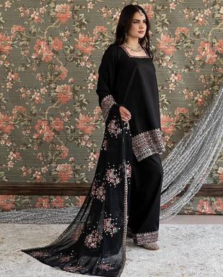 Designer heavy natural crepe farshi plazo suit set with embroidered dupatta 3