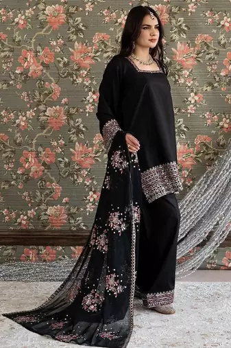 Designer heavy natural crepe farshi plazo suit set with embroidered dupatta