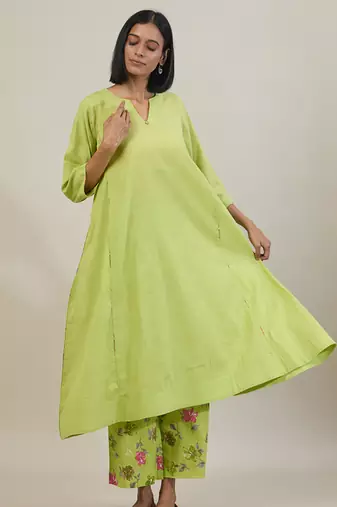 Lime green cotton kurta set with printed pant