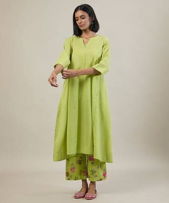Lime green cotton kurta set with printed pant 5