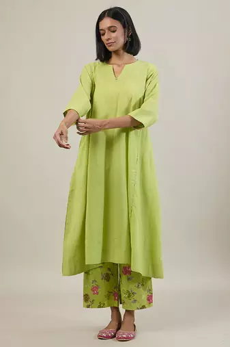 Lime green cotton kurta set with printed pant