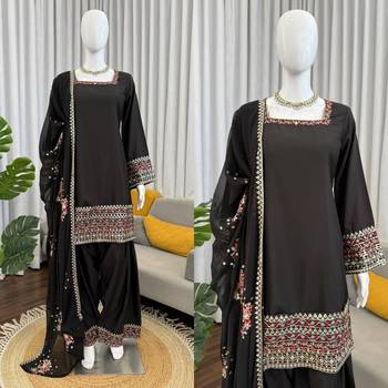 Designer heavy natural crepe farshi plazo suit set with embroidered dupatta 4