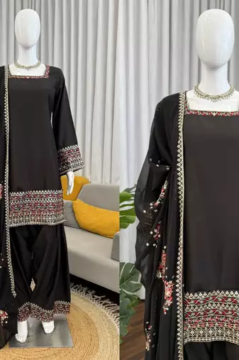 Designer heavy natural crepe farshi plazo suit set with embroidered dupatta