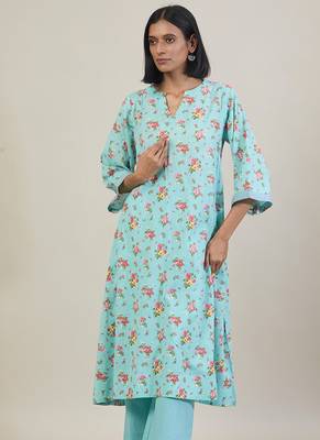Sky blue floral printed cotton kurta set 1