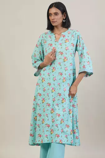 Sky blue floral printed cotton kurta set