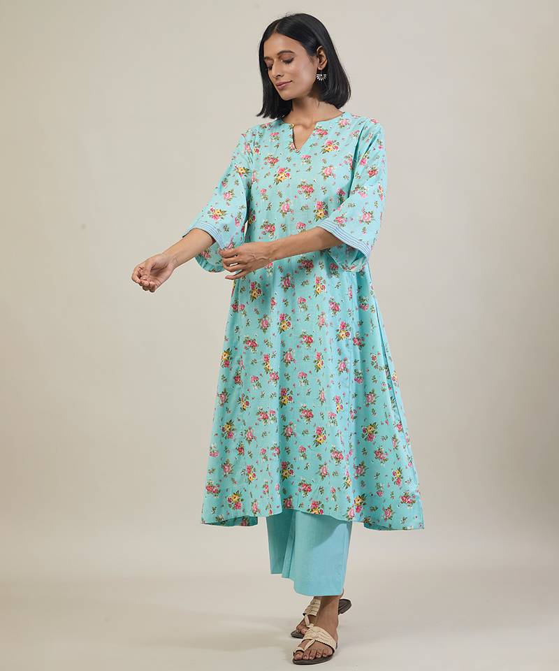 Sky blue floral printed cotton kurta set