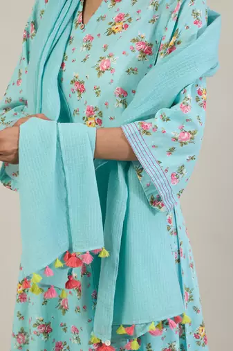 Sky blue floral printed cotton kurta set