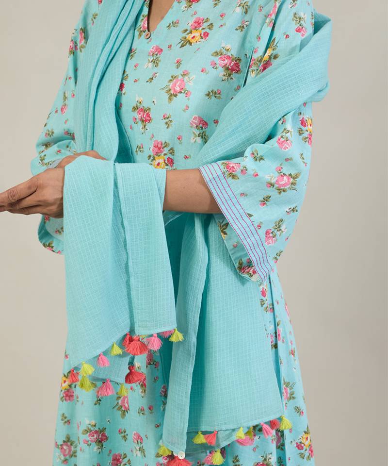 Sky blue floral printed cotton kurta set