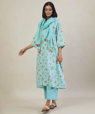 Sky blue floral printed cotton kurta set 4