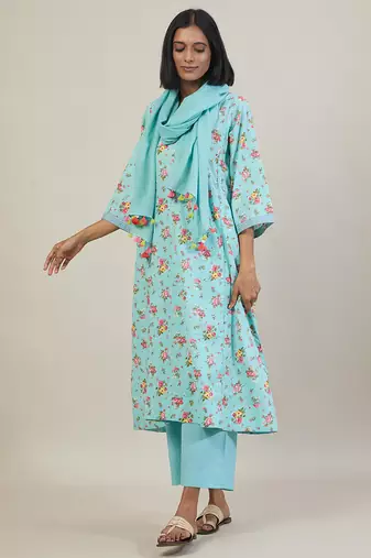 Sky blue floral printed cotton kurta set
