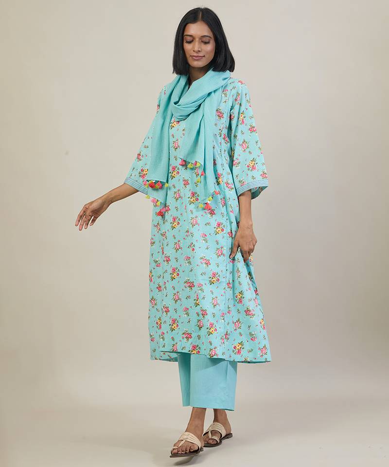 Sky blue floral printed cotton kurta set