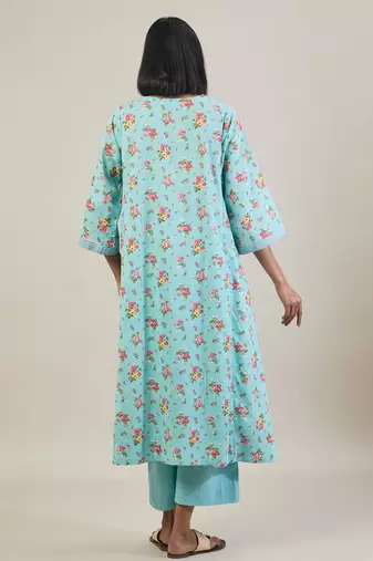 Sky blue floral printed cotton kurta set
