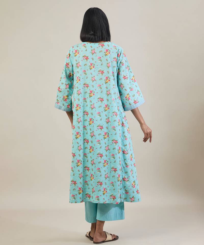 Sky blue floral printed cotton kurta set