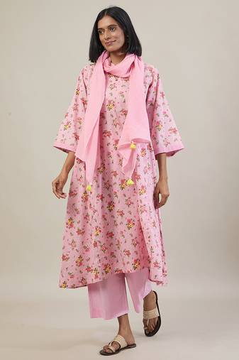 Baby pink floral printed cotton kurta set