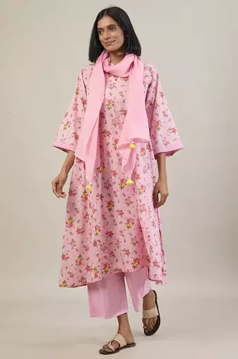 Baby pink floral printed cotton kurta set