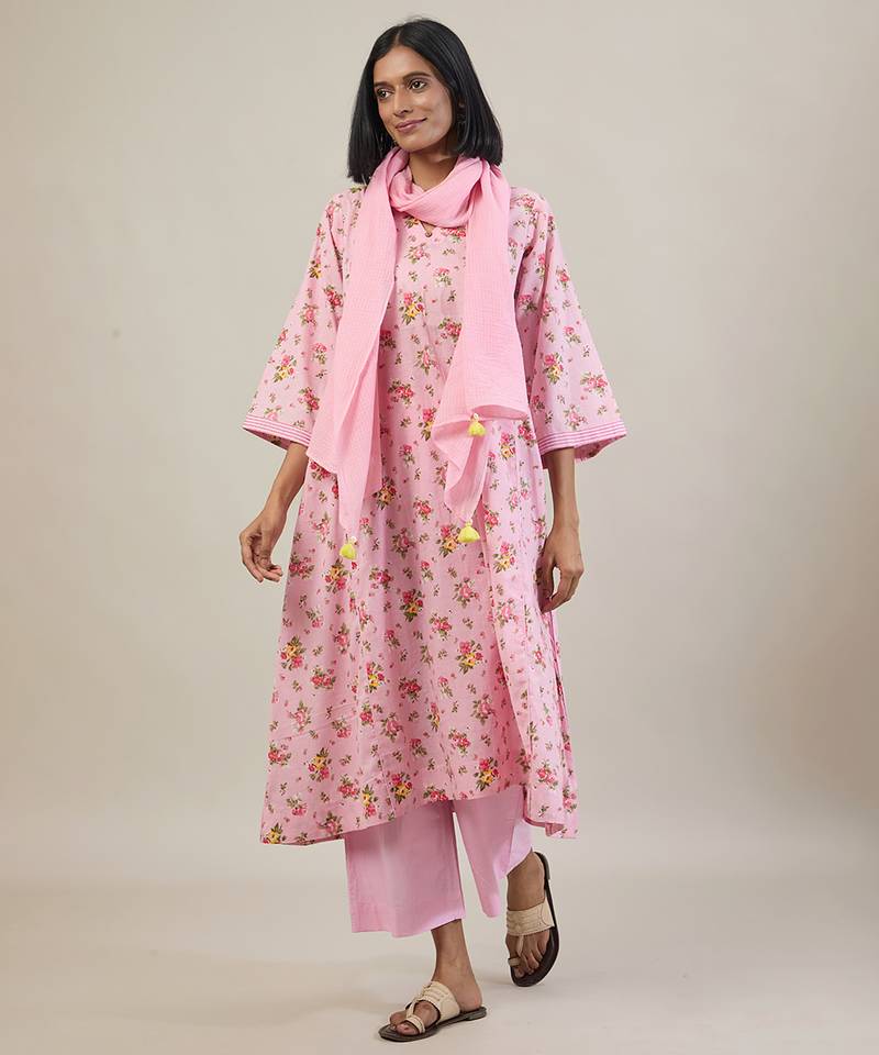 Baby pink floral printed cotton kurta set