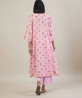Baby pink floral printed cotton kurta set 2