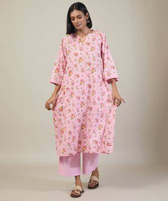 Baby pink floral printed cotton kurta set 3