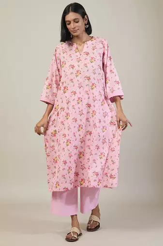 Baby pink floral printed cotton kurta set