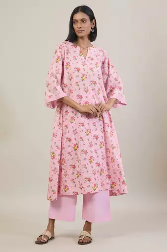 Baby pink floral printed cotton kurta set