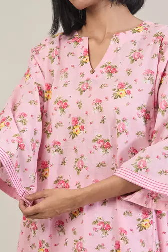 Baby pink floral printed cotton kurta set