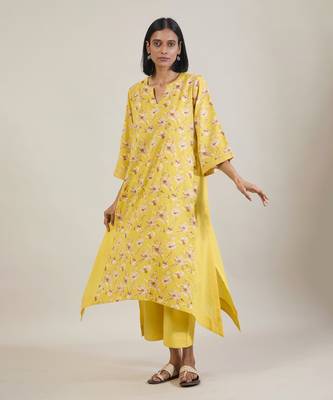 Sunshine yellow printed cotton kurta set 1