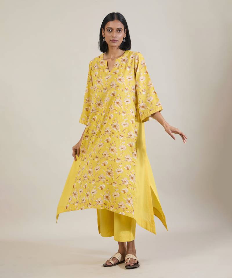 Sunshine yellow printed cotton kurta set