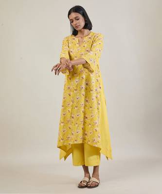 Sunshine yellow printed cotton kurta set 2