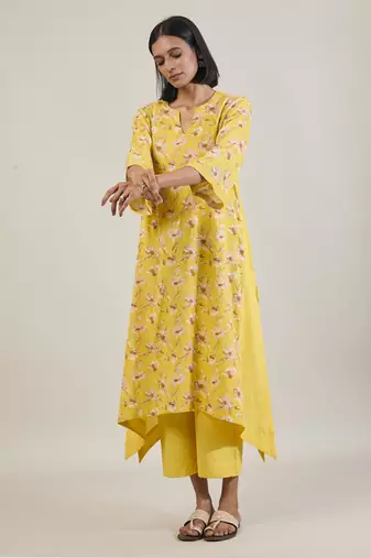 Sunshine yellow printed cotton kurta set