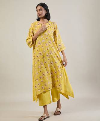 Sunshine yellow printed cotton kurta set 3
