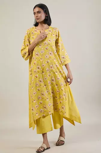 Sunshine yellow printed cotton kurta set