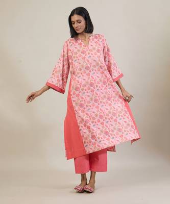 Pastel pink printed cotton kurta set 1