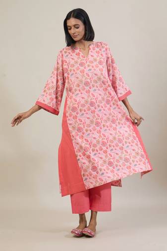 Pastel pink printed cotton kurta set