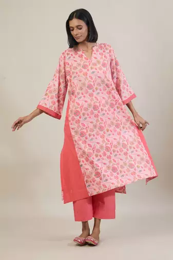 Pastel pink printed cotton kurta set