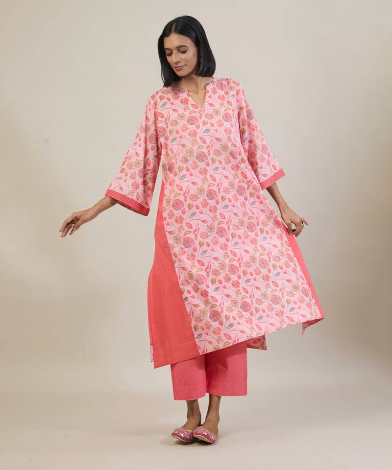 Pastel pink printed cotton kurta set