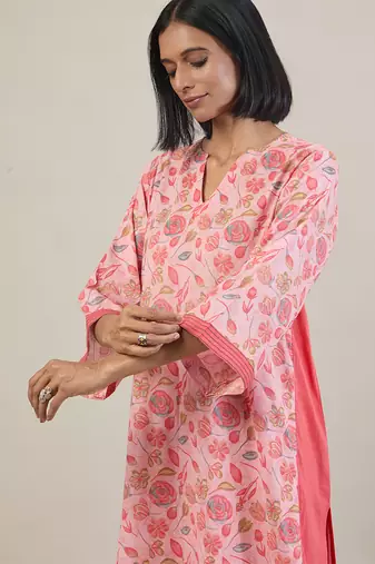 Pastel pink printed cotton kurta set