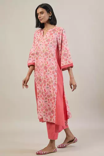 Pastel pink printed cotton kurta set