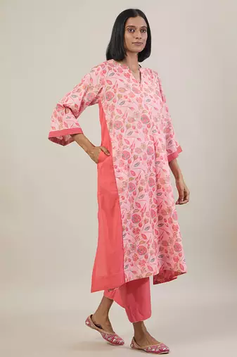 Pastel pink printed cotton kurta set