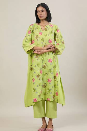 Lime green floral printed cotton kurta set