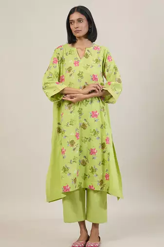 Lime green floral printed cotton kurta set