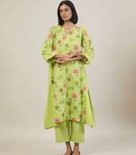 Lime green floral printed cotton kurta set