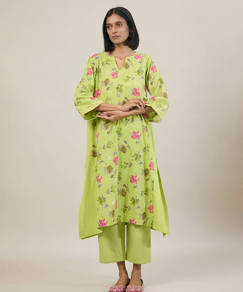 Lime green floral printed cotton kurta set