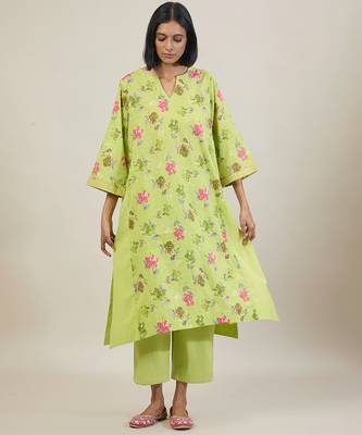 Lime green floral printed cotton kurta set 2