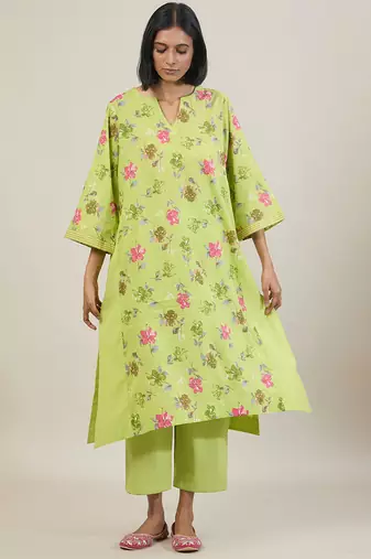Lime green floral printed cotton kurta set