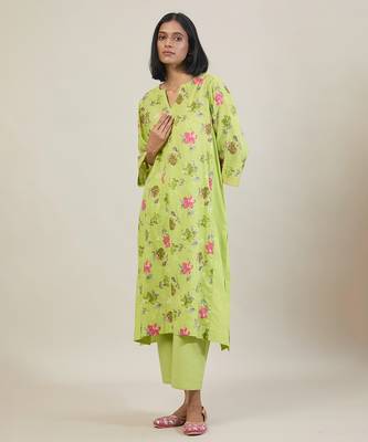 Lime green floral printed cotton kurta set 3