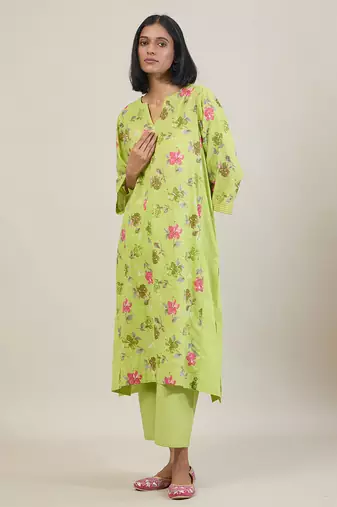 Lime green floral printed cotton kurta set